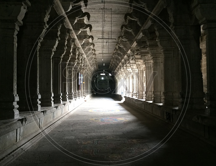 Architectural View of Ancient Built Corridors in a Hindu temple With Pillars in Hampi