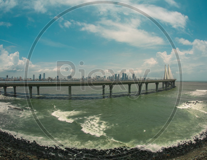 Bandra Worli Sea Link Or Cable Suspended Bridge With Pre Stressed Concrete - Steel Viaducts  Over Arabian Sea in Munbai  Connection Bandra And Worli