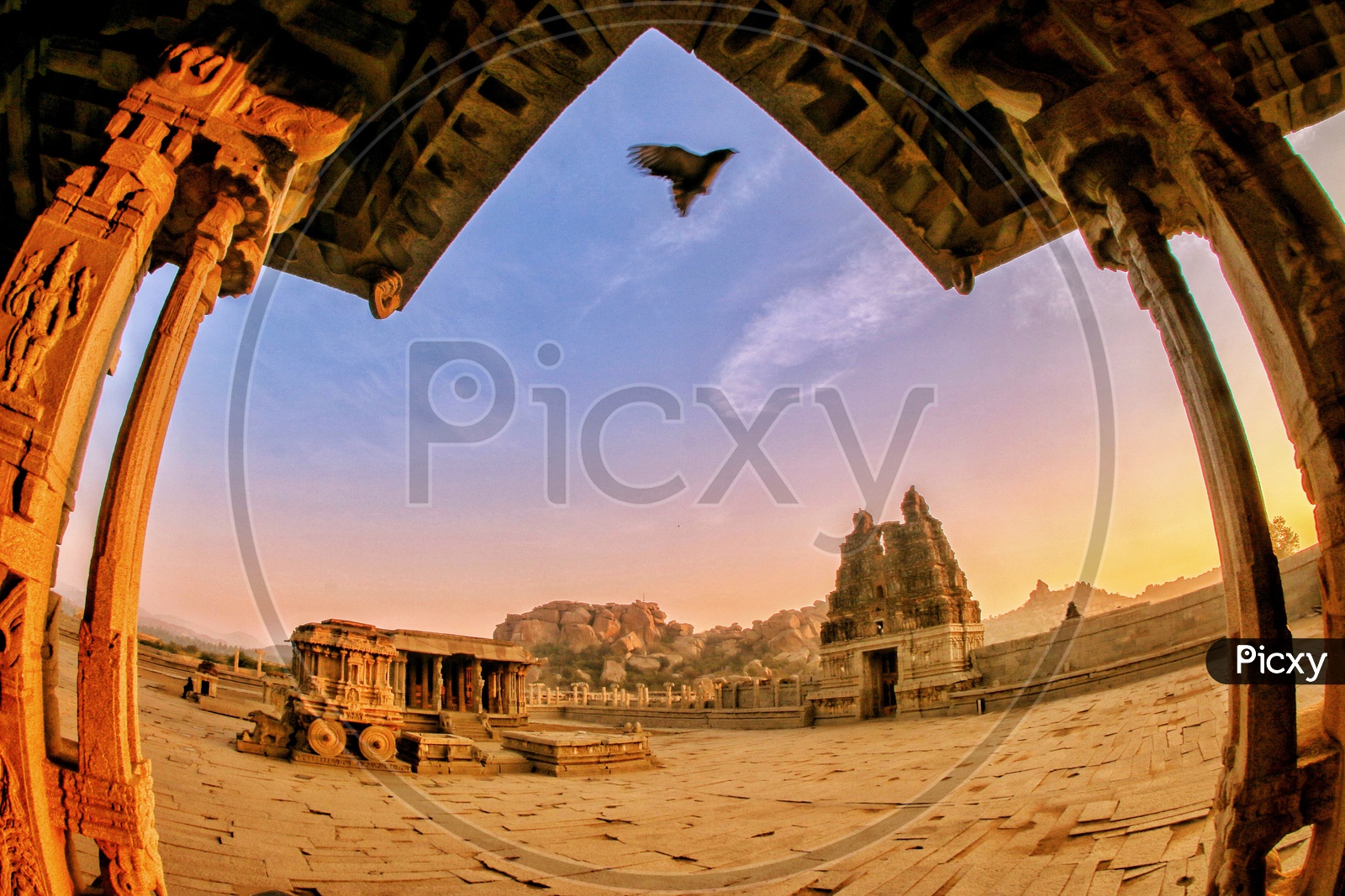 Architectural View Of Vittala Temple And Stone Chariot At Hampi