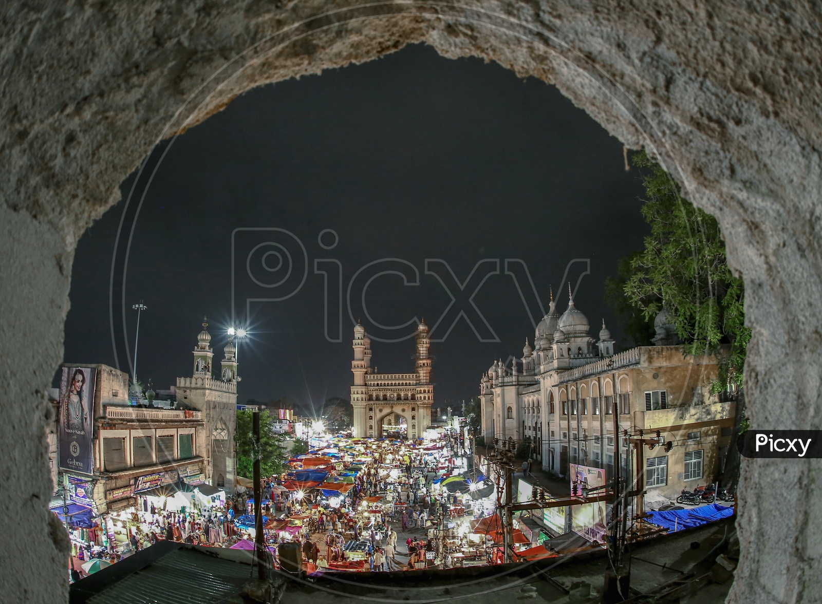 Aerial View Of Charminar with Busy Vendor Streest Around The Charminar