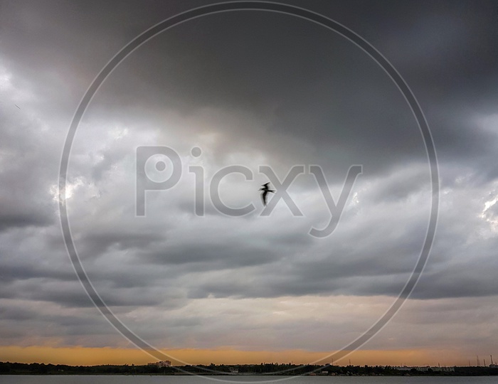 Fisherman  Fishing on Coracle Boat in a  Lake With  Dark Clouds In Sky as a Background