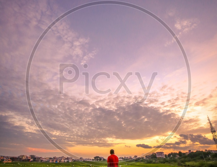 A Man Enjoying Nature By Standing and Looking to Green Paddy Fields With  Sunset  Sky  in Background