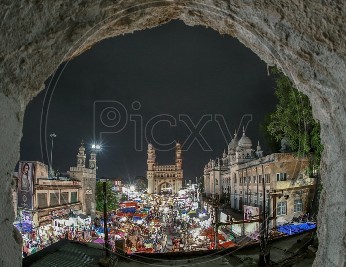 Aerial View Of Charminar with Busy Vendor Streest Around The Charminar