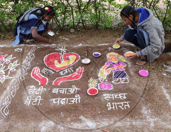 Indian School Girls Participating In a Rangoli Competition