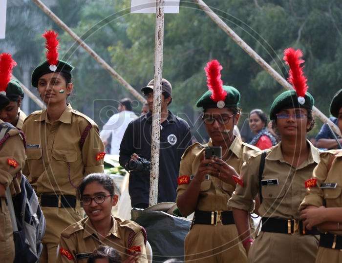 Indian Girl Students In NCC  Cadet Dress