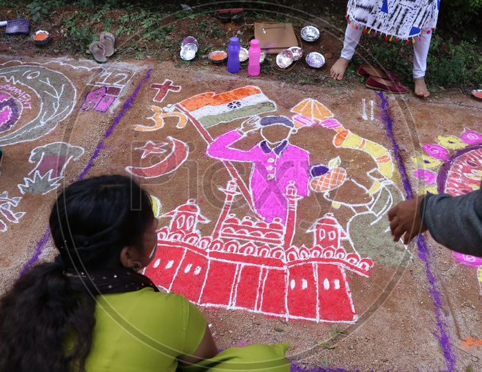 Indian School Girls Participating In a Rangoli Competition