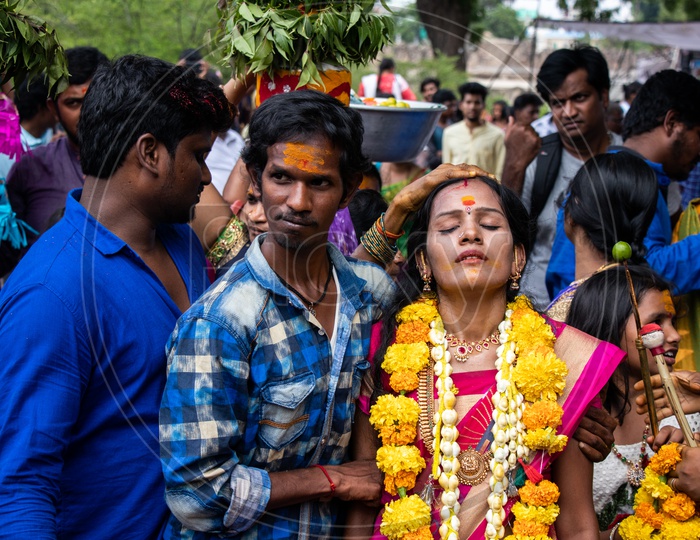 A Tranced Woman Dancing As a Offering To Mother Goddess  in  Bonalu  Festival Held At Golconda Fort