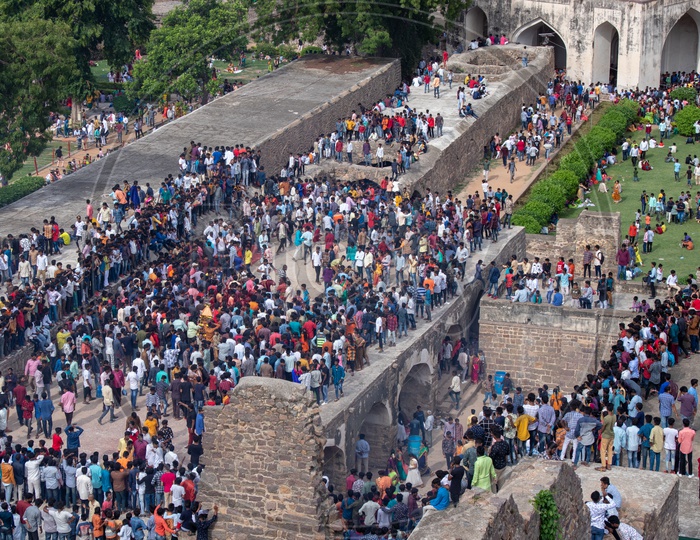 Aerial View Of Crowd In Golconda Fort During Bonalu Festival