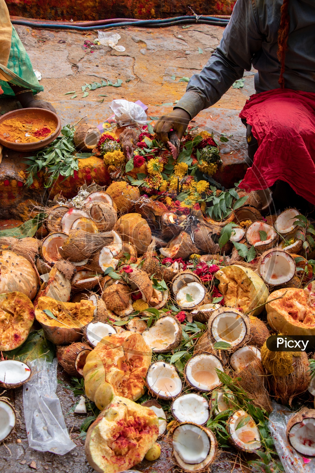 Pile Of  Coconut Breakings  At The  Hindu Worship Places  During Bonalu