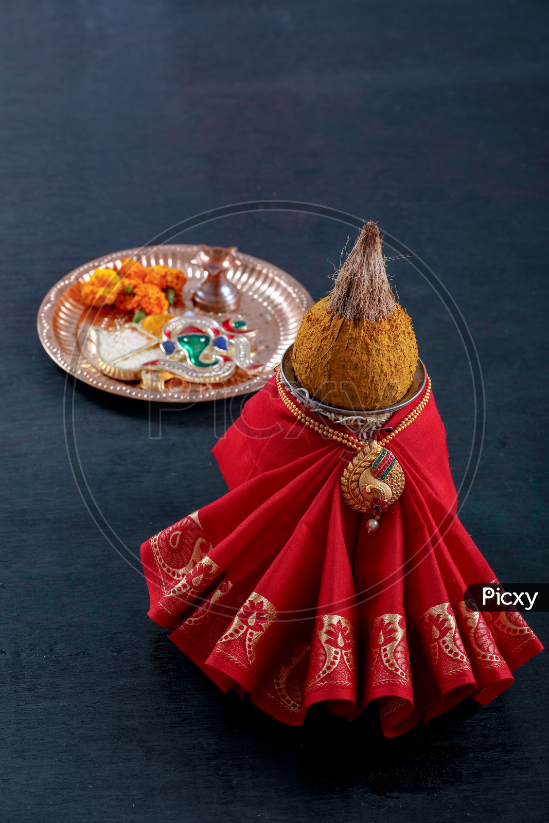 Kalash For Marathi New Year Gudi Padwa With Handi Coconut  Scared Clothes And Neem leaflet on an Isolated  Background
