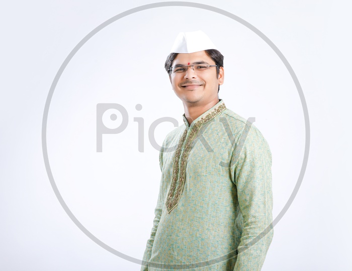 Image of Indian Man Wearing Traditional Dress and With Smile Face And  Marathi Cap On an Isolated White Background-EW169126-Picxy