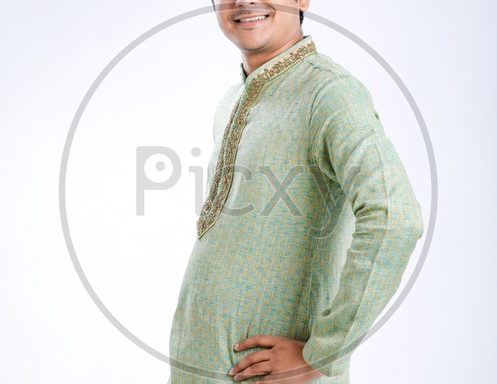 Indian Man Wearing Traditional Dress and With Smile Face And Marathi Cap  On an Isolated White Background