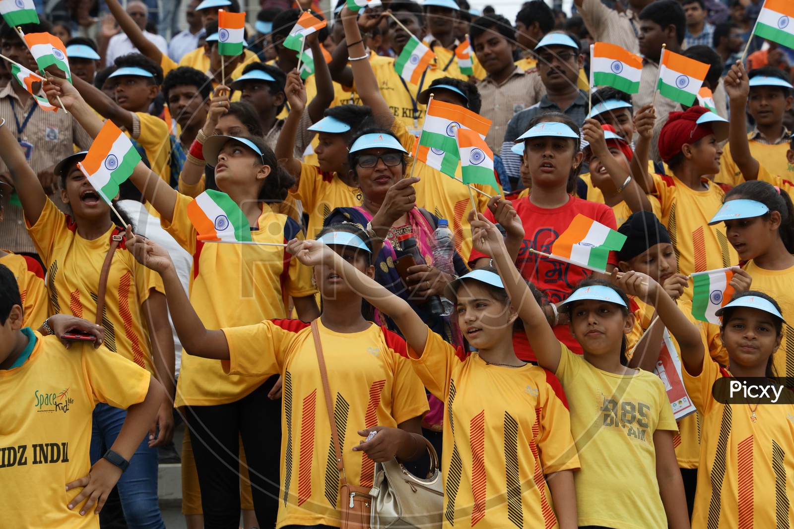 School Children Waving India Tri-Colour Flags  After The Successful Launch Of  Chandrayaan 2 in SHAR