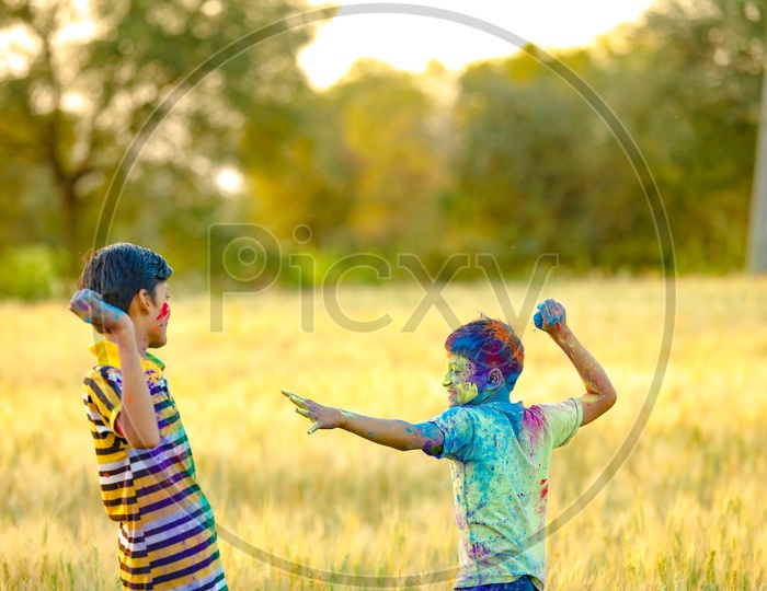 Indian Boys or Young Indian Boys or Brothers   Playing Or Filled In Holi Colours Celebrating Holi Festival in Green Fields Background