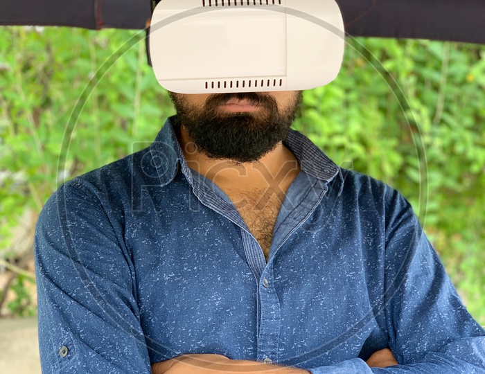 Man first time using virtual reality box