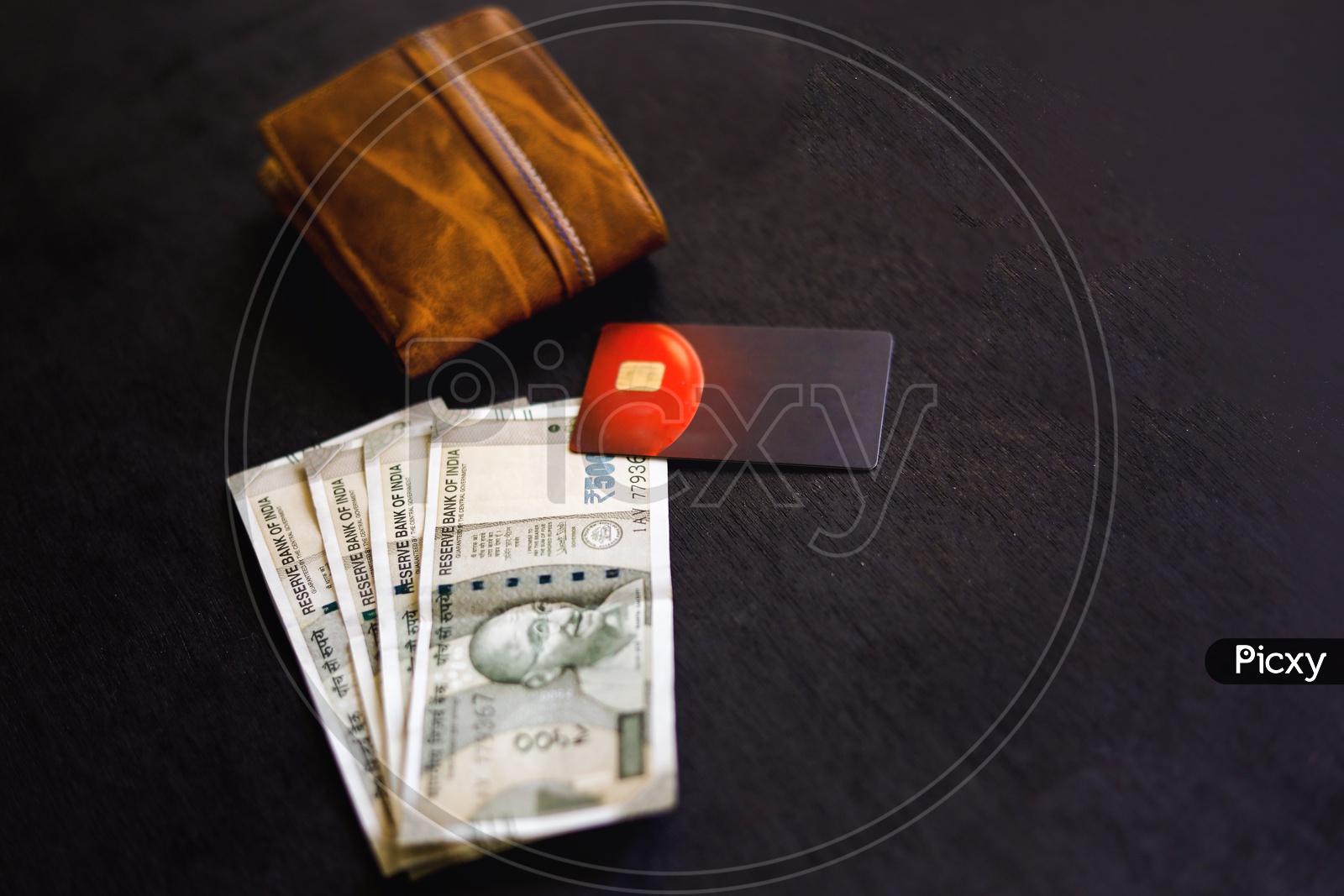 Indian Currency Purse And  Credit Debit Card  Closeup on Isolated Background