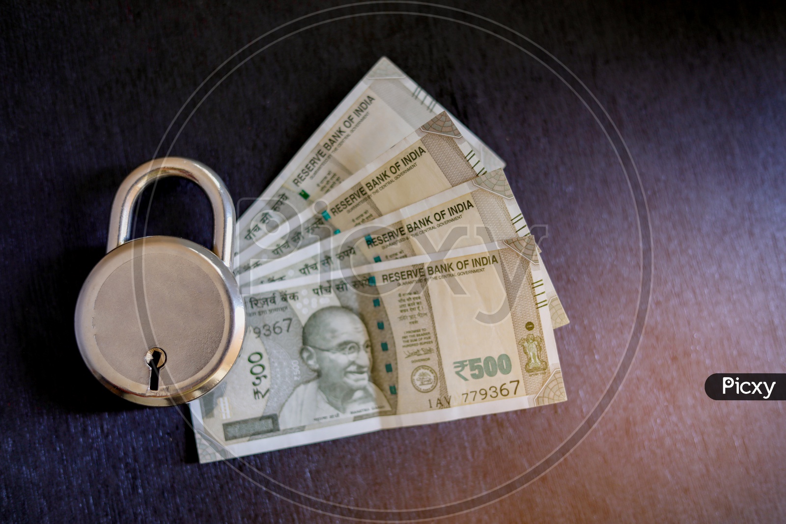 Indian Currency Notes With Lock  , Money Protection Or Security Concept