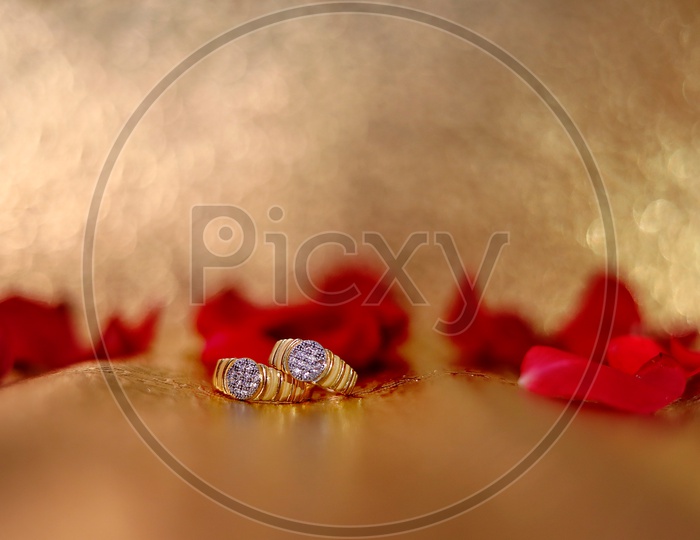 Couple Rings Or Engagement Rings  on Red Rose Flowers Petals Background
