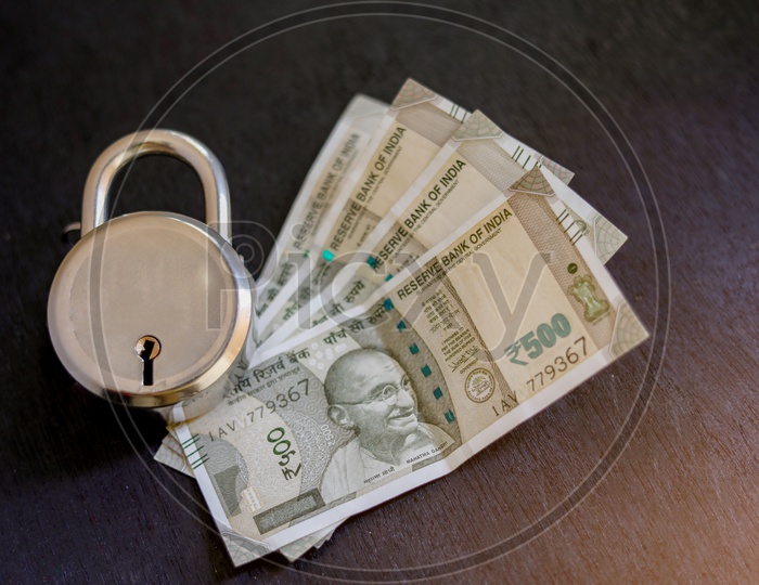 Indian Currency Notes With Lock  , Money Protection Or Security Concept