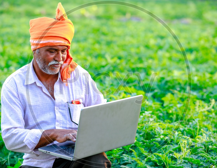 Indian Farmer Using Laptop On Green Farm Fields Background