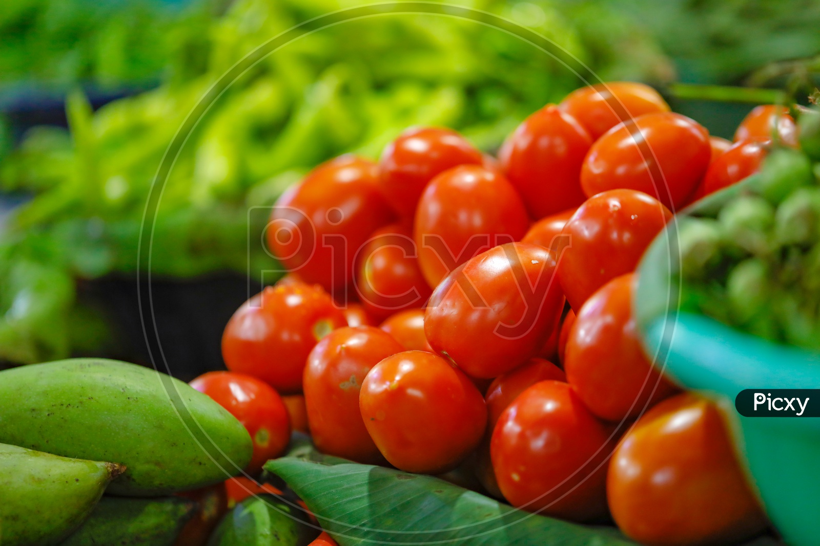Fresh Tomatoes  In  a Vegetable Vendor Stall or Shop in Market