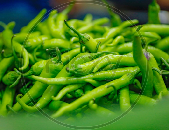 Fresh Green Chillies in a  Vegetables At  a Vendor Stall