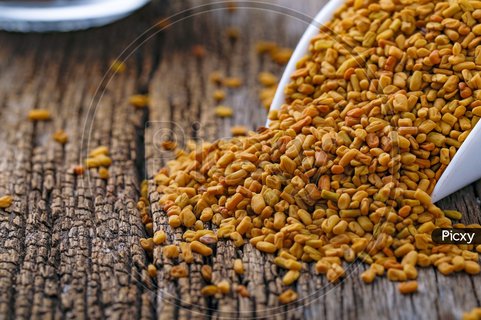 Fenugreek Seeds In a Scoop on an Isolated Wooden Background