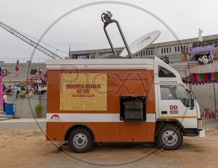 DD News Or Doordarshan News Broadcasting Vehicle At  GSLV Mk III  M1  Chandrayaan 2 Launch in SHAR