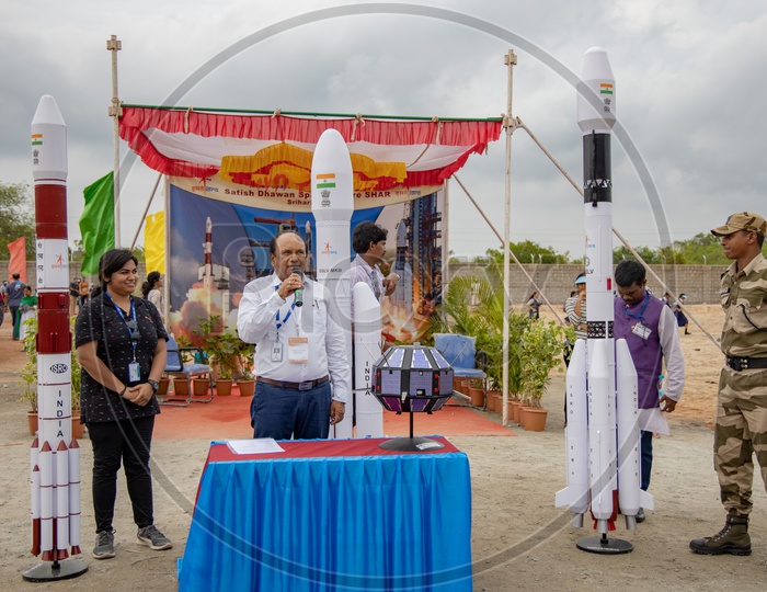 ISRO Officials  Speaking Model Satellite in Display At Visitors Gallery By ISRO During Chandrayaan 2 Launch In SHAR, Sriharikota