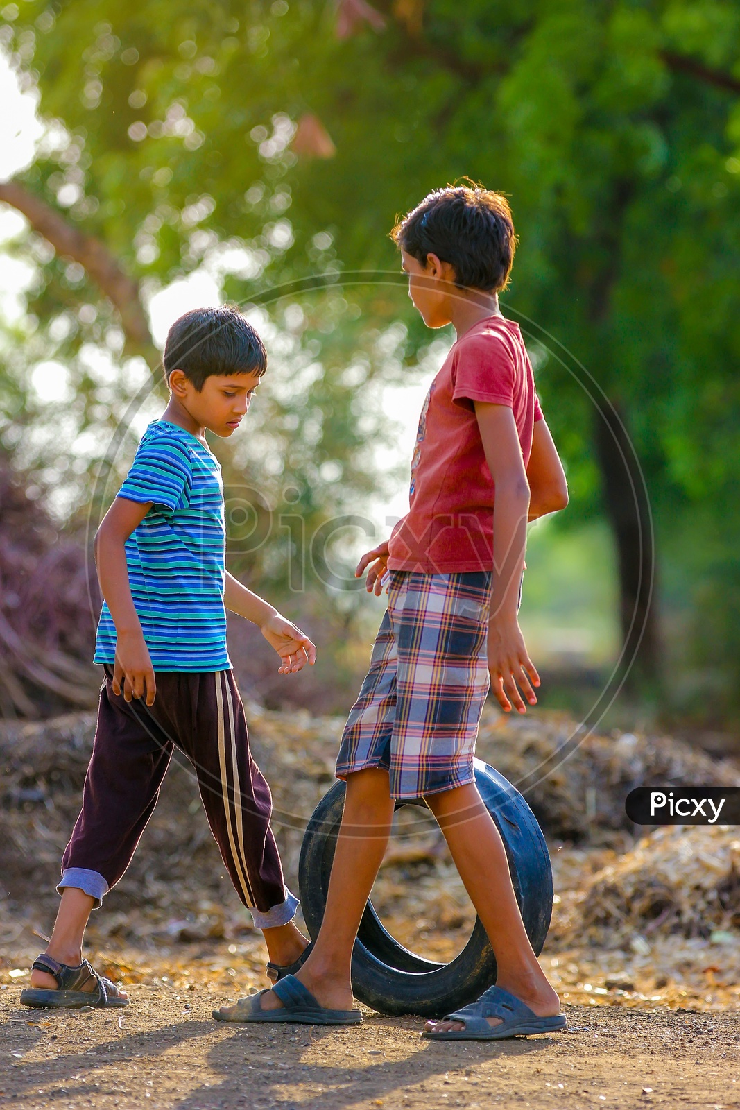 Indian Rural Village Kids Playing Outdoor in Green Environment