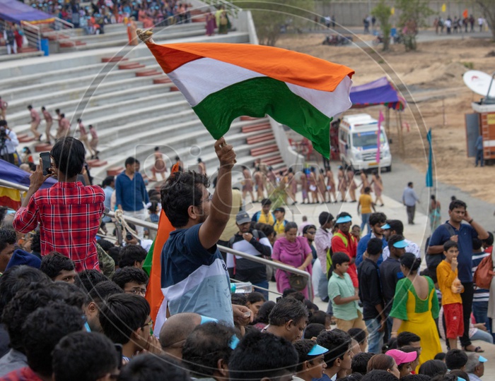 Visitors  Cheering With Indian National Flags at Visitors Gallery During  GSLV Mk III   M1   Chandrayaan 2 Launch In SHAR