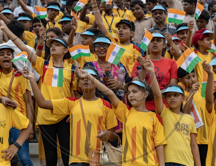 School Children Cheering With Indian National Flags at Visitors Gallery During  GSLV Mk III   M1   Chandrayaan 2 Launch In SHAR