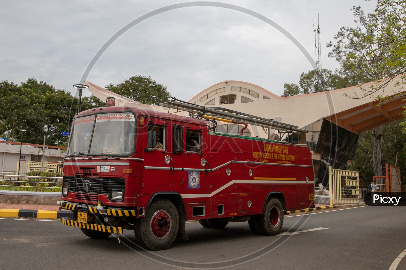 Fire Engines or Fire Fighter Water Carriers Arranged  for Chandrayaan 2 Launch Passing through Entrance Arch  Or Security Gates At Satish Dhawan Space Centre  SHAR