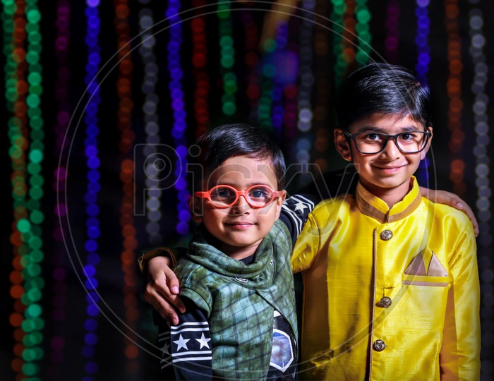 Two Cute Indian Kids Or Boys  or Siblings  Wearing Traditional Dress
