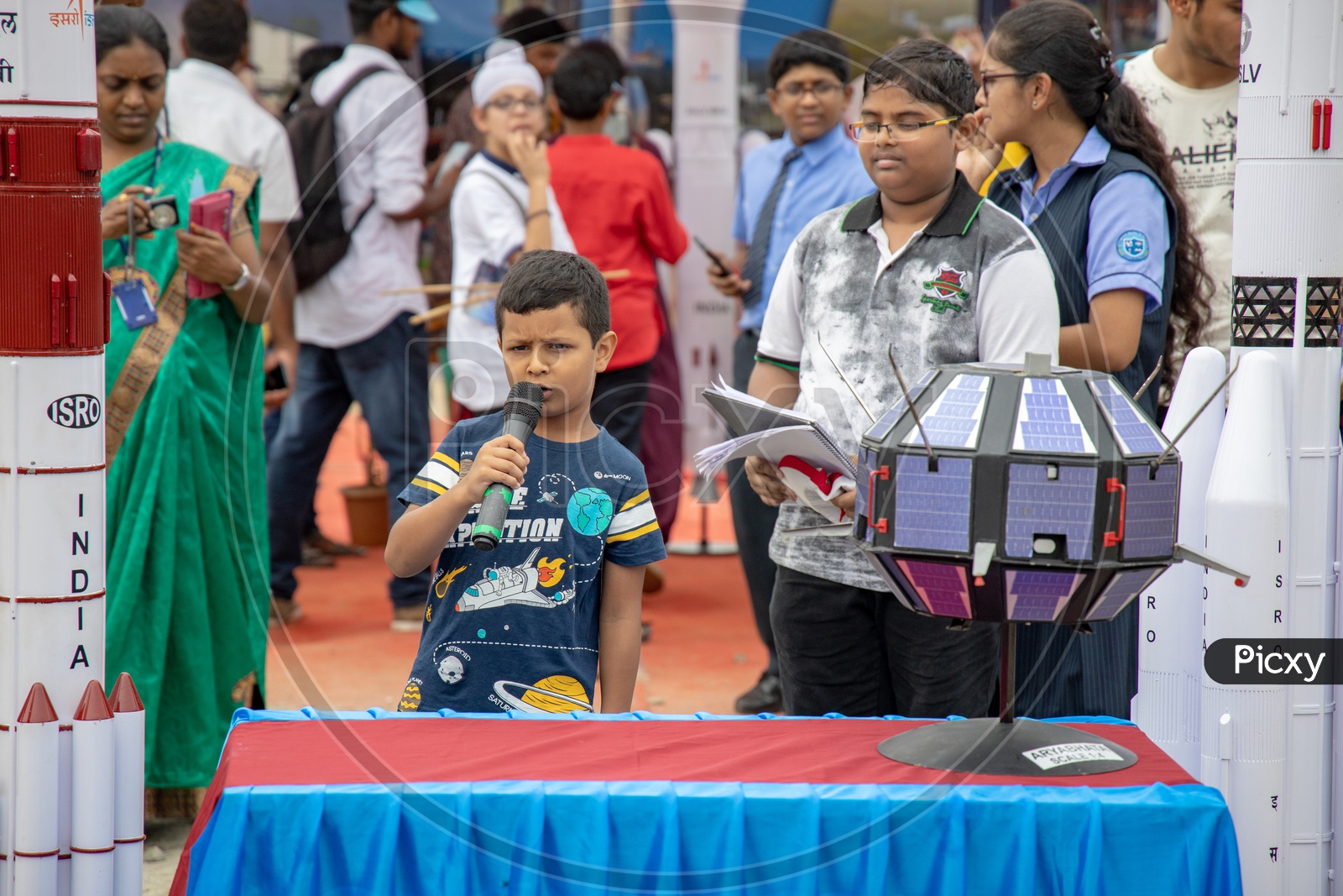 Young Kid Speaking Model Satellite in Display At Visitors Gallery By ISRO During Chandrayaan 2 Launch In SHAR, Sriharikota