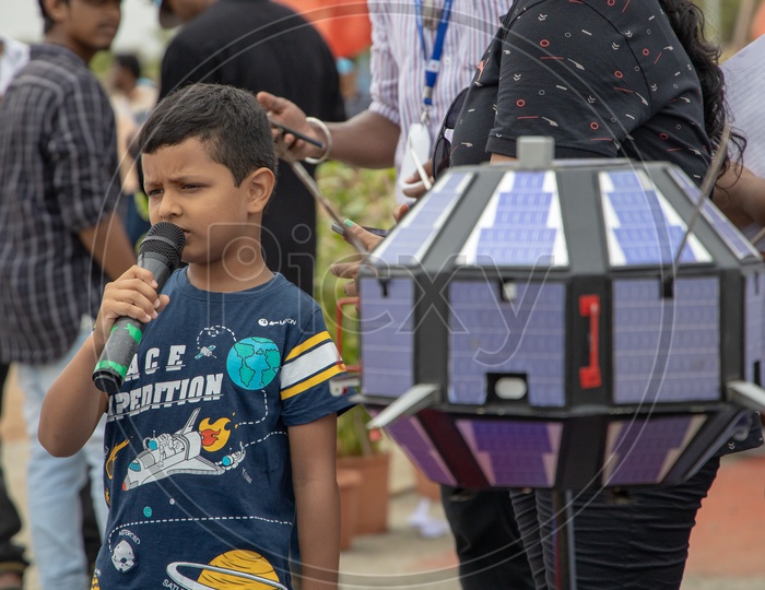 Young Kid Speaking Model Satellite in Display At Visitors Gallery By ISRO During Chandrayaan 2 Launch In SHAR, Sriharikota