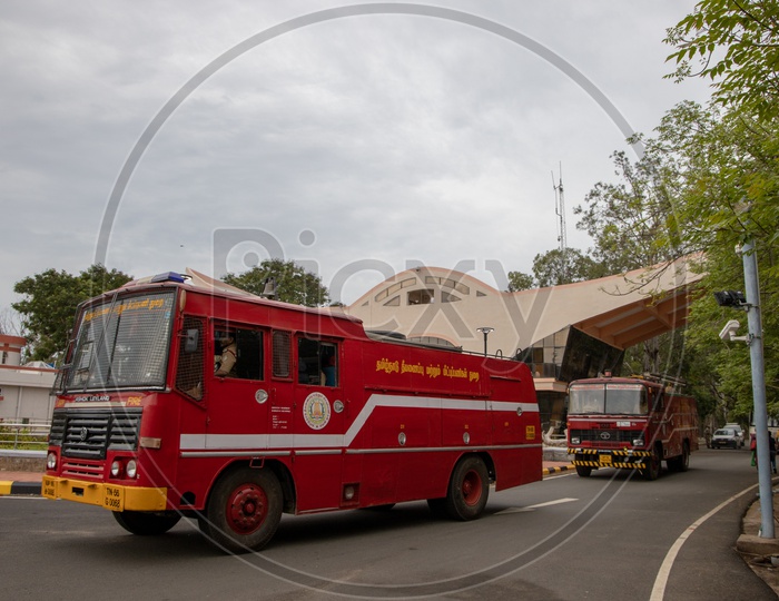 Fire Engines or Fire Fighter Water Carriers Arranged  for Chandrayaan 2 Launch Passing through Entrance Arch  Or Security Gates At Satish Dhawan Space Centre  SHAR