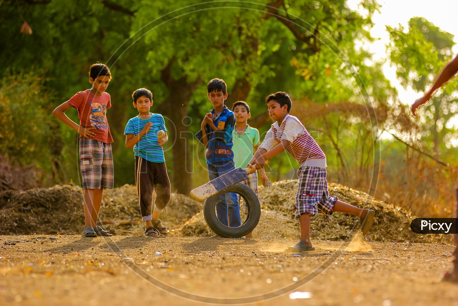 Indian Rural Village Kids Playing Cricket In Fields