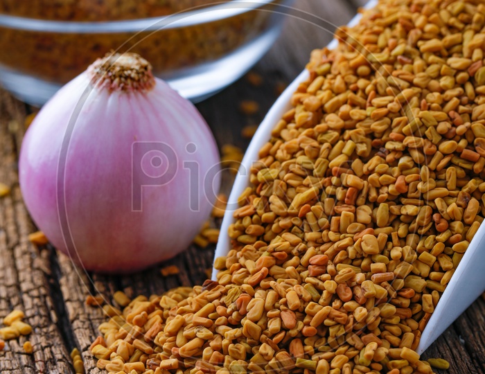 Fenugreek Seeds or Spices  And Red Onion  On a Isolated Background
