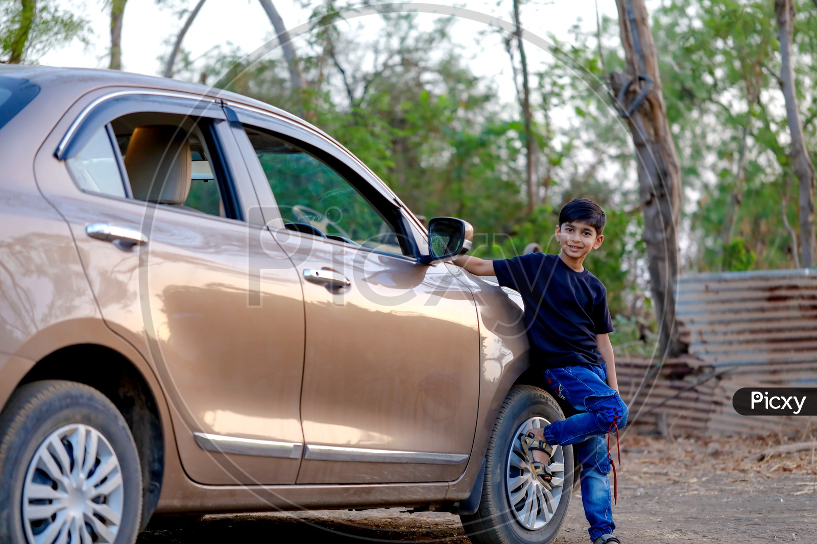 Indian Young Boy Or Kid Or Child  Posing At a Car