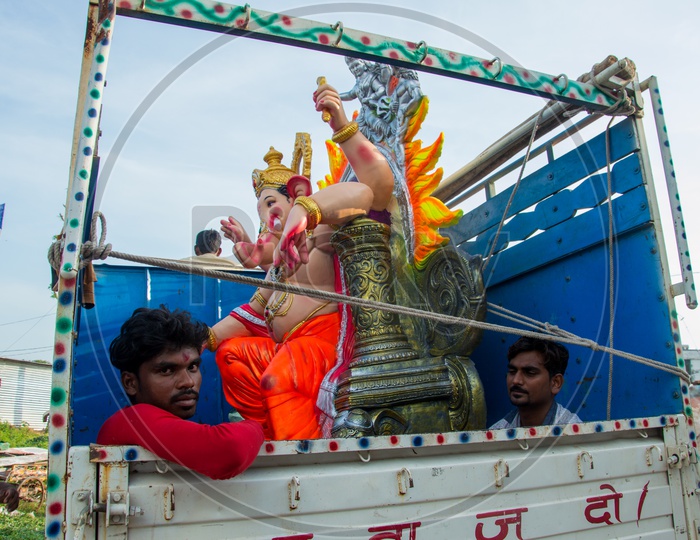 Devotees Taking Ganesh Idols In Vehicles From Workshops For Ganesh Festival