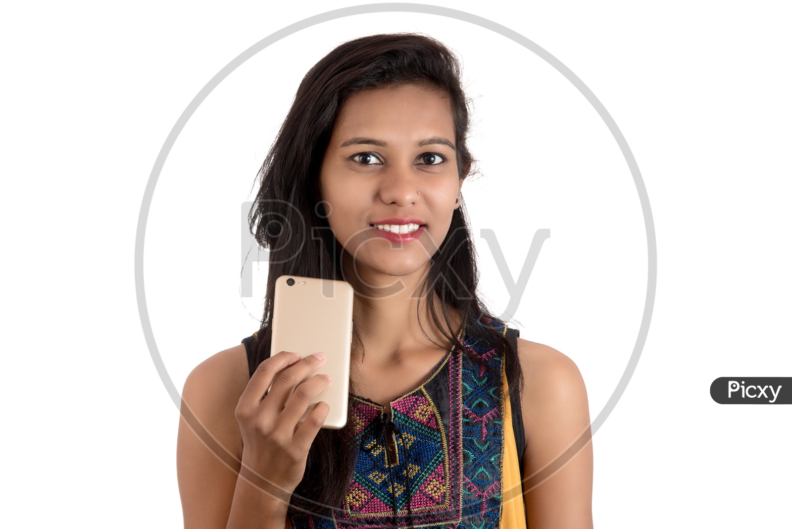 Young Indian Girl Using Mobile Or  Smartphone  On an Isolated White Background