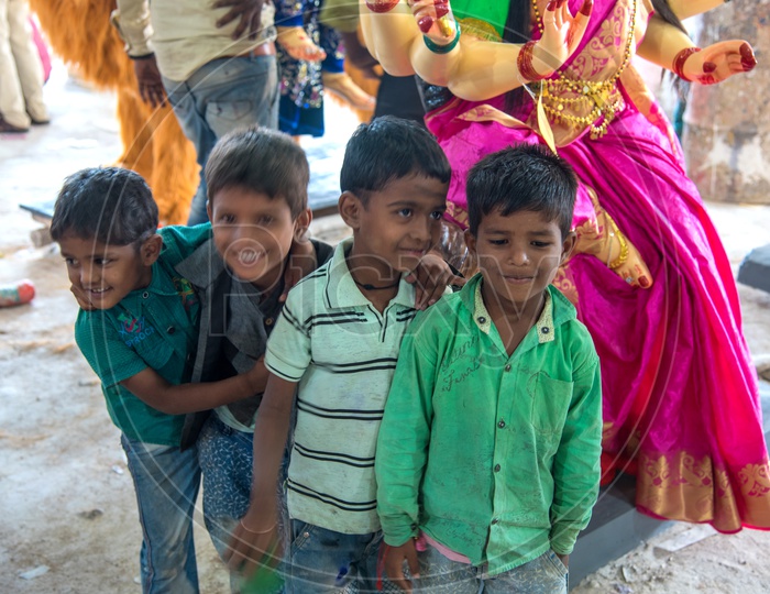 Indian Children At Goddess Durga Idols  at Workshops