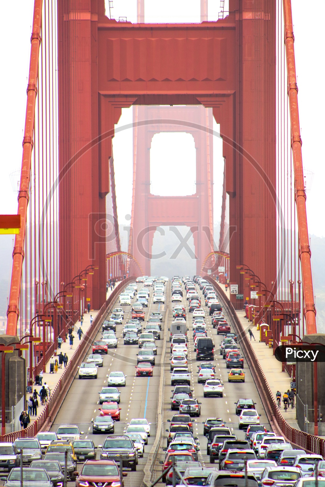 Golden Gate Bridge With Cars Moving in Queues on Bridge