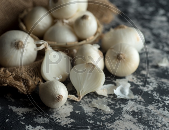 Onions Or White Onions on Stone Texture Background Food Ingredients
