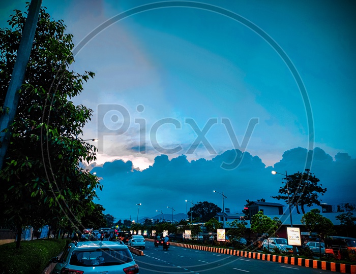 Highway Roads With Blue Hour Sky Background