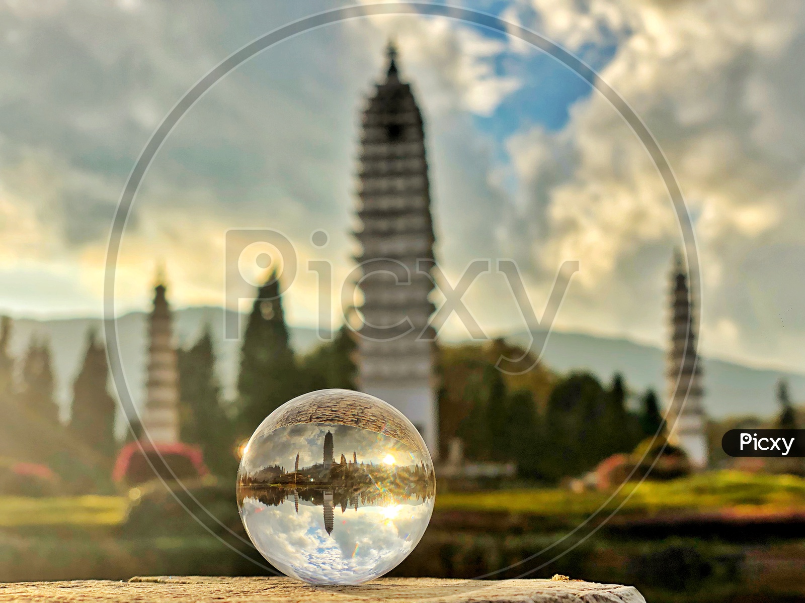 Dali Pagodas Reflection in Yunnan Sheng  in an Lens Ball