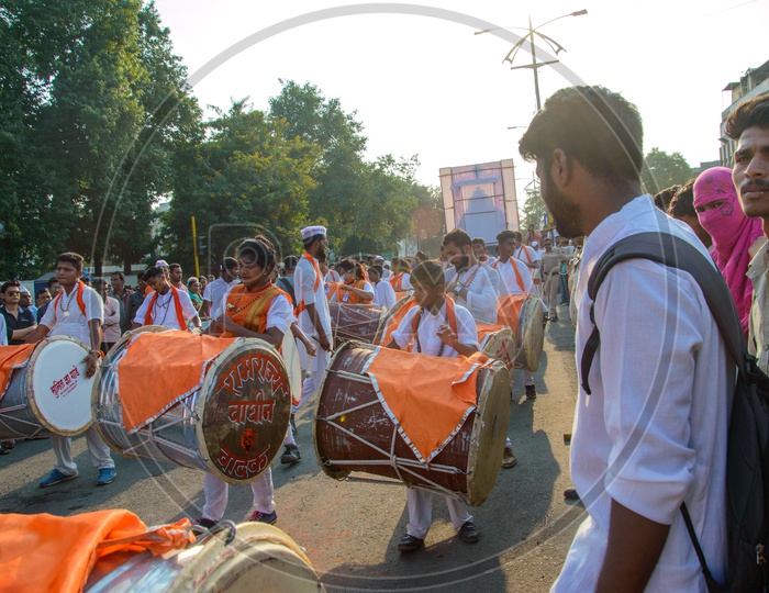 Indian  Folk Drum Players or Band Playing Drums on Streets During Lord Hanuman Procession