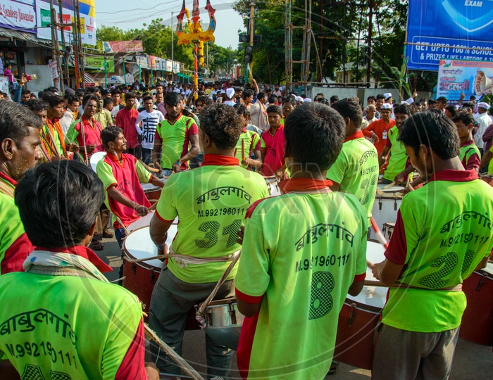 Indian  Folk Drum Players or Band Playing Drums on Streets During  Goddess Lakshmi Procession for Dussera  Navrathri