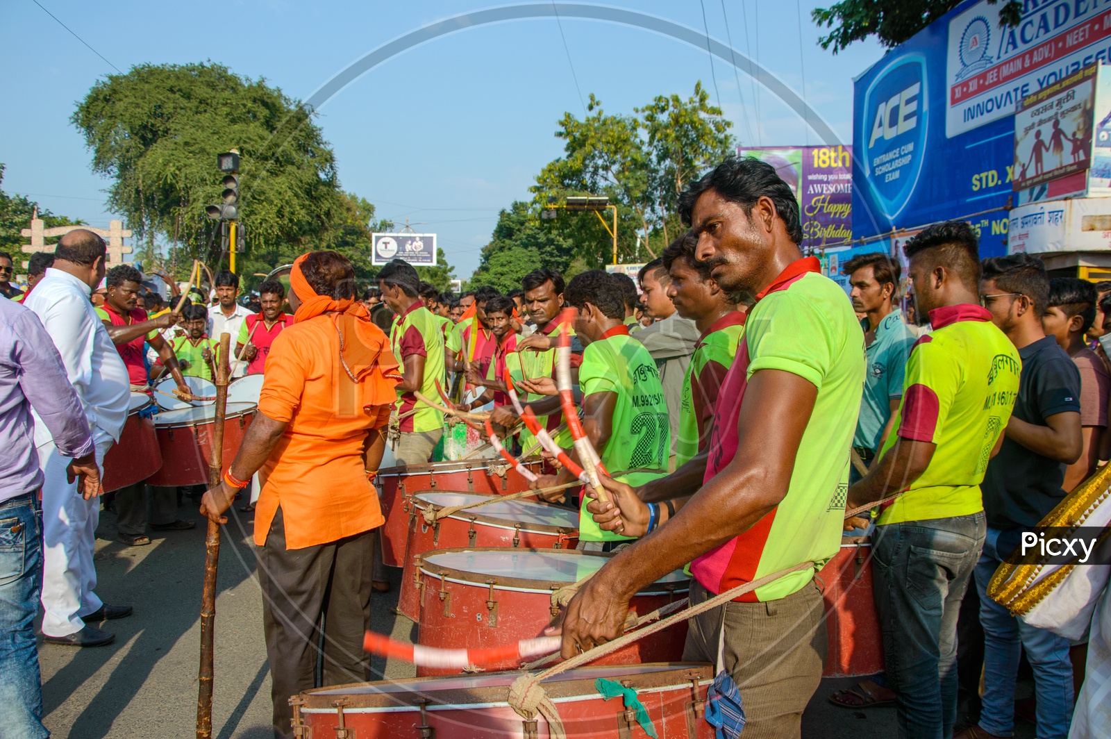 Indian  Folk Drum Players or Band Playing Drums on Streets During  Goddess Lakshmi Procession for Dussera  Navrathri